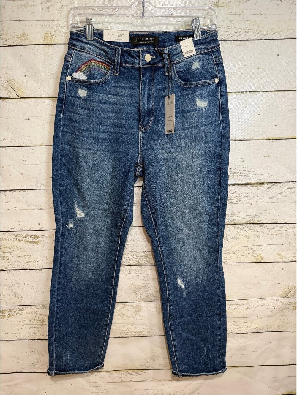 Judy Blue Hi-Rise Rainbow Embroidery Cropped Straight Leg Distressed NWT SIZE 7